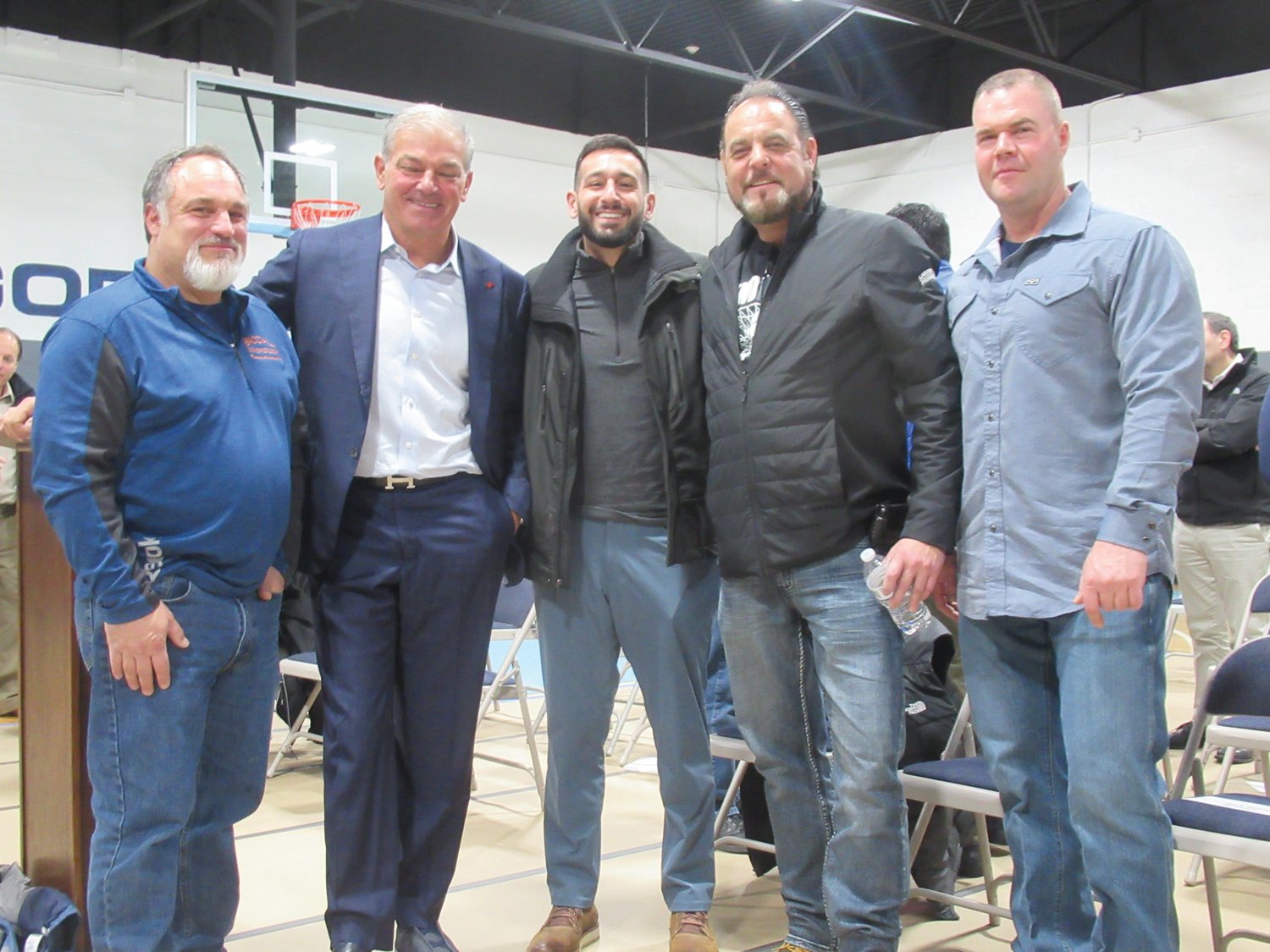 CLASSIC CONTRIBUTORS: Mayor-elect Joseph Polisena Jr. (center), whose idea it was to reinvent Rainone Gym, is joined by major donors Jay Baccala, Rico DiGregorio, Michael Sabitoni and Joseph Vinagro during Saturday’s special re-dedication ceremony.